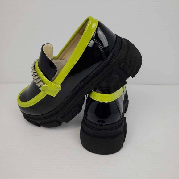 Womens Zaynsia Platform Loafers Shoes Black Patent Leather Neon Yellow 6M New - Picture 2 of 14